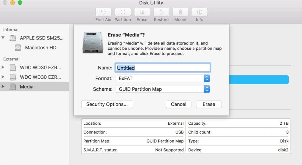 Select ExFAT when formatting an external drive in Mac OS X Sierra.