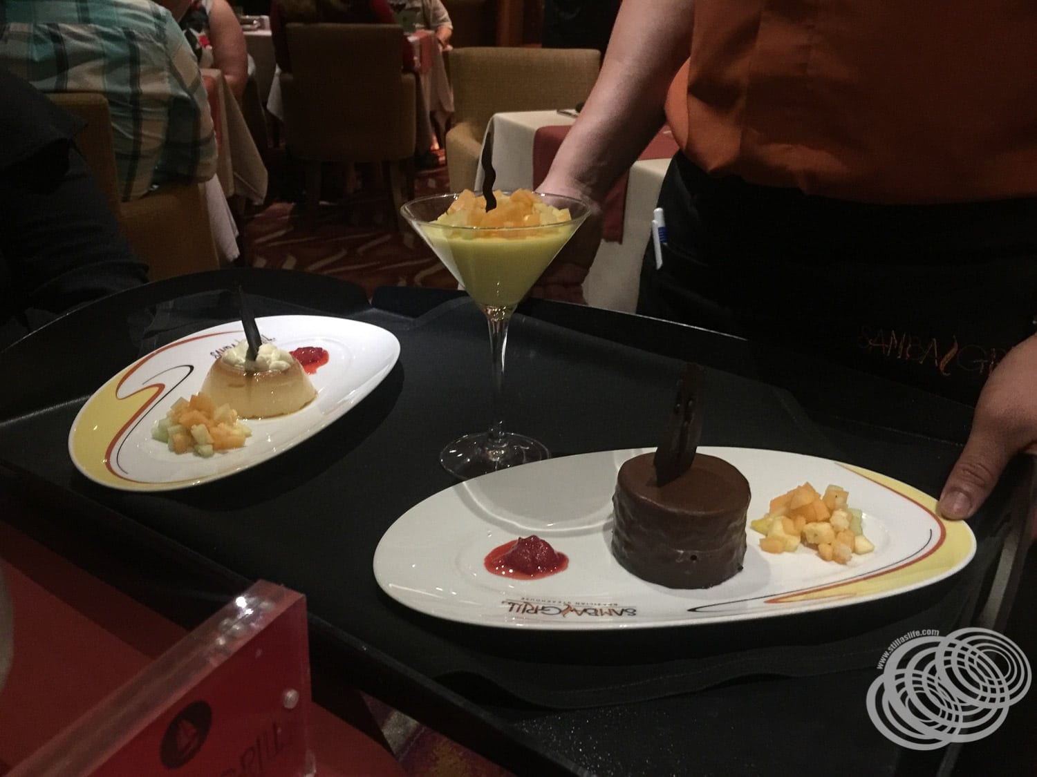 Samba Grill Dessert Choices from left to right: Creme Caramel, Pina colada panna cotta and Chocolate cake