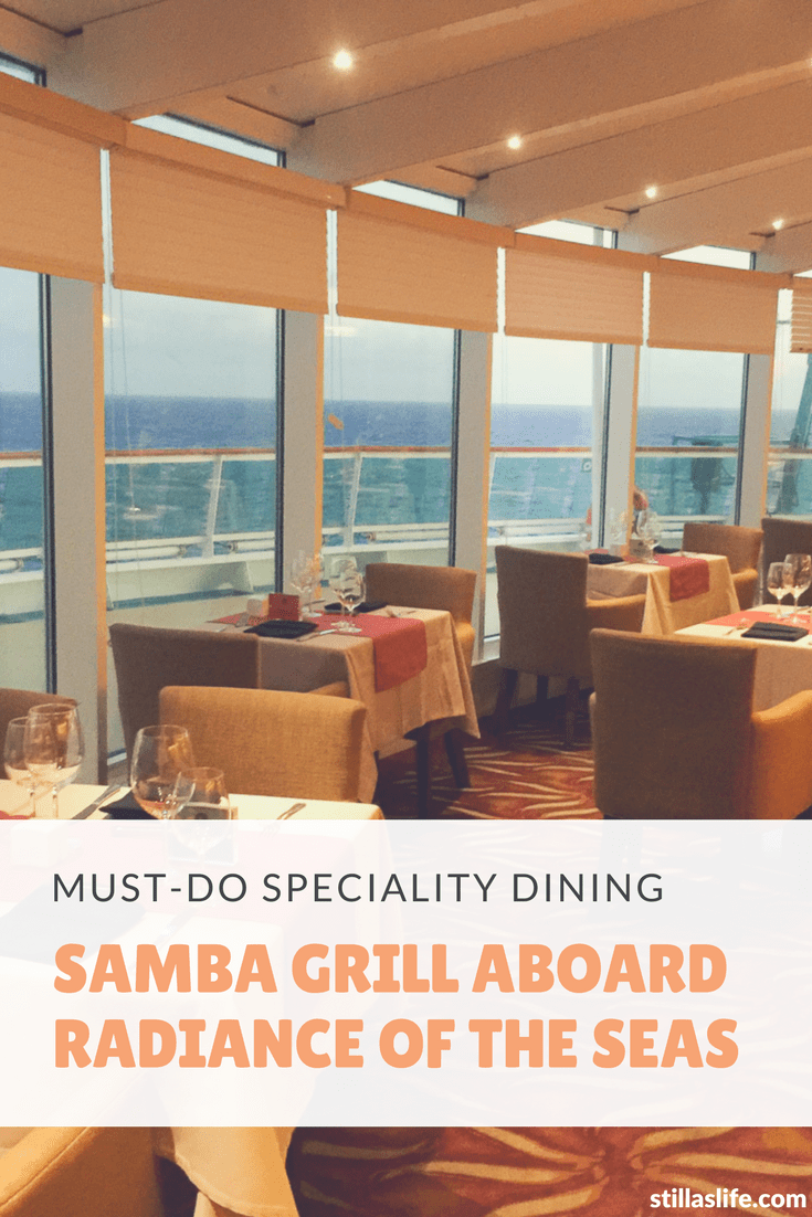 Samba Grill is one of Royal Caribbean’s speciality dining options hidden away on Radiance of the Seas. It’s not on any other ships at all, so it’s unique in that regard, and in the cuisine. Samba Grill is a Brazilian inspired restaurant that serves salads, grilled veggies and seven different cuts of meat straight off the rotary grill skewer