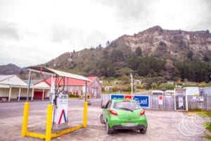 Our little Mazda 2 at the unmanned Allied service station in Te Araroa