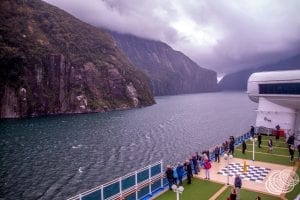 Golden Princess surrounded by the Milford Sound Mountains
