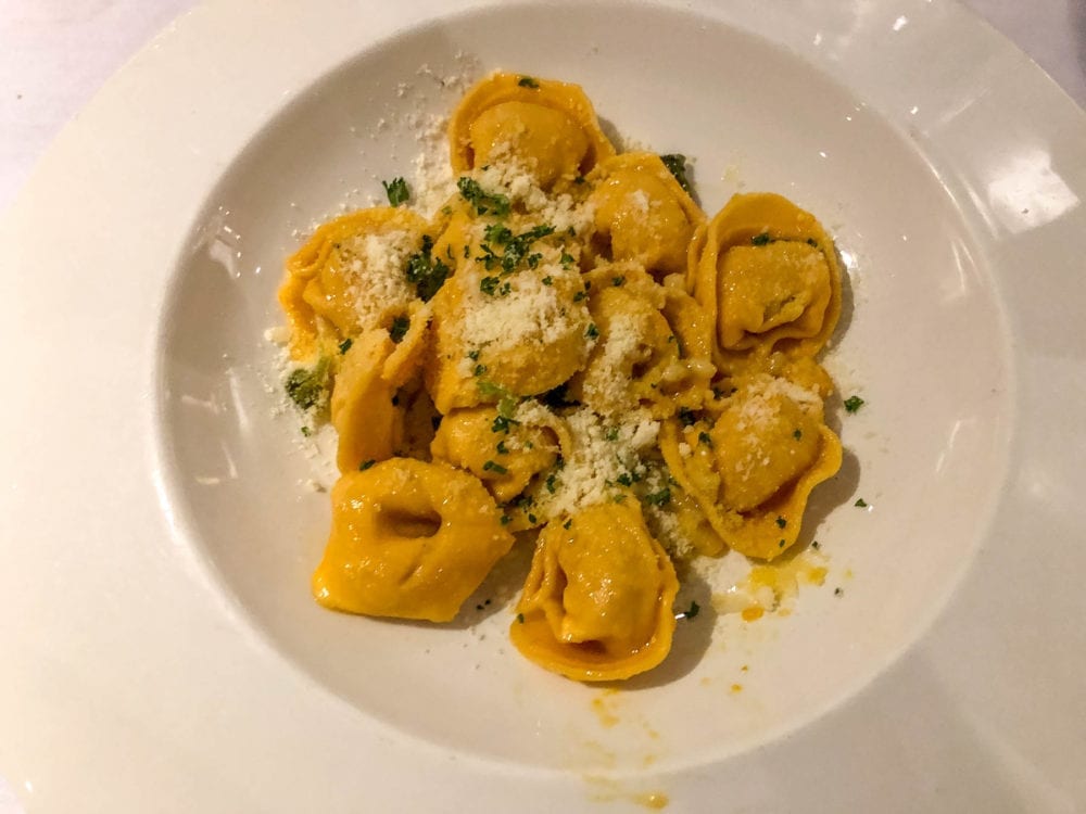 Angelo's Secondi Cappellacci di Zucca Arrosto. This is cappellacci style pasta stuffed with pumpkin and tossed in burnt sage butter and pine nuts. 