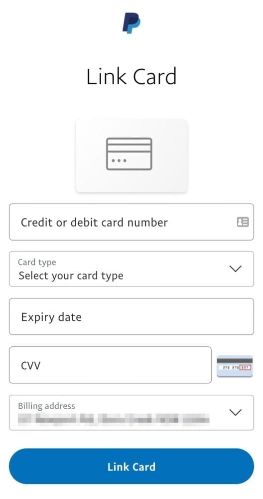PayPal Link Card Screen