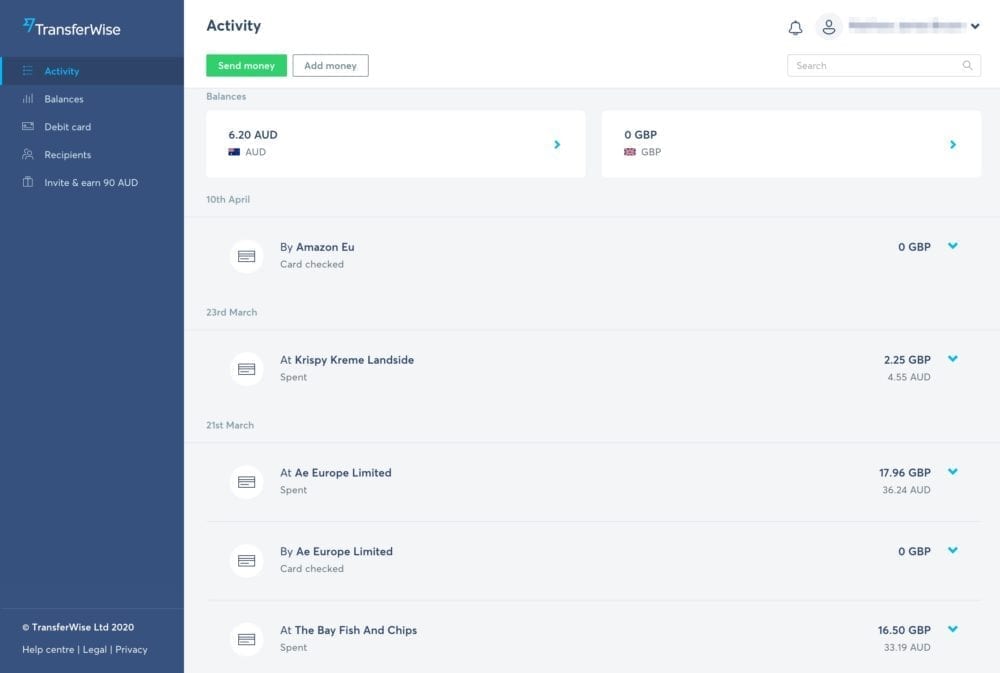 TransferWise Activity Screen