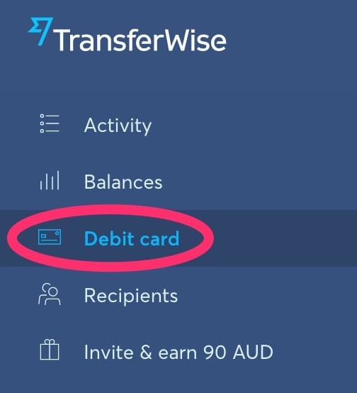 TransferWise Debit Card Menu
