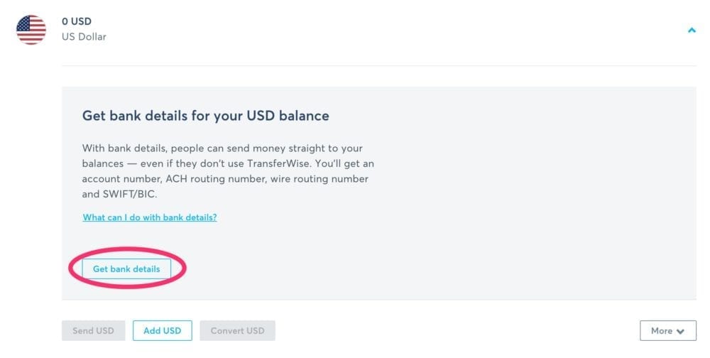 TransferWise Get bank details button