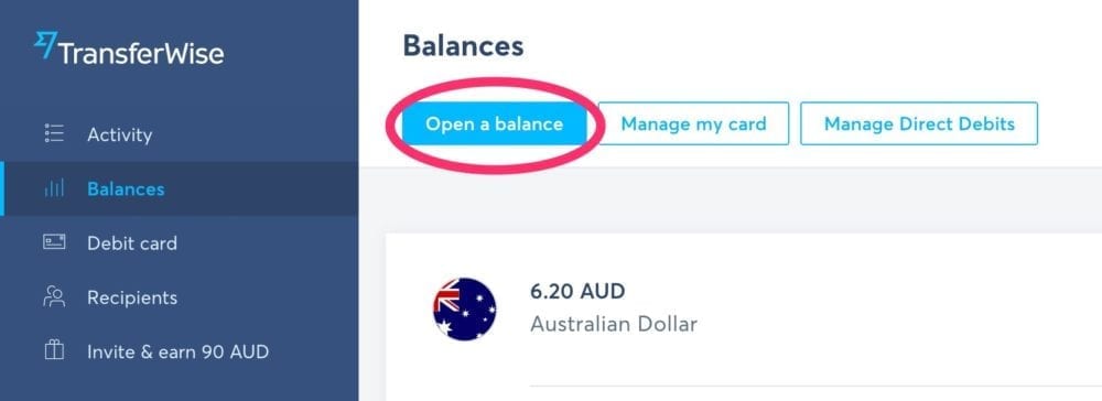 TransferWise Open A Balance Button