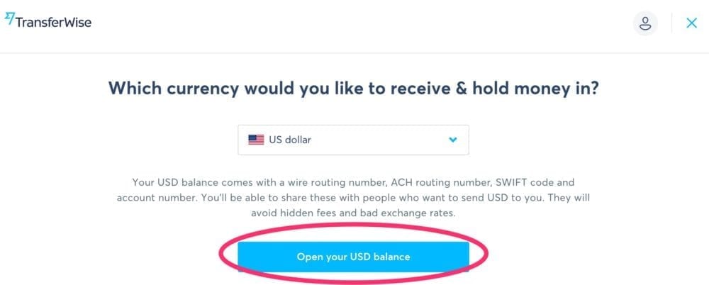 TransferWise Open your USD balance button