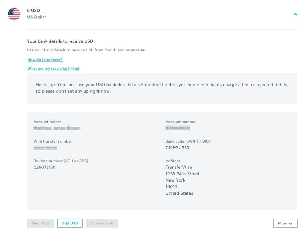 TransferWise USD bank details