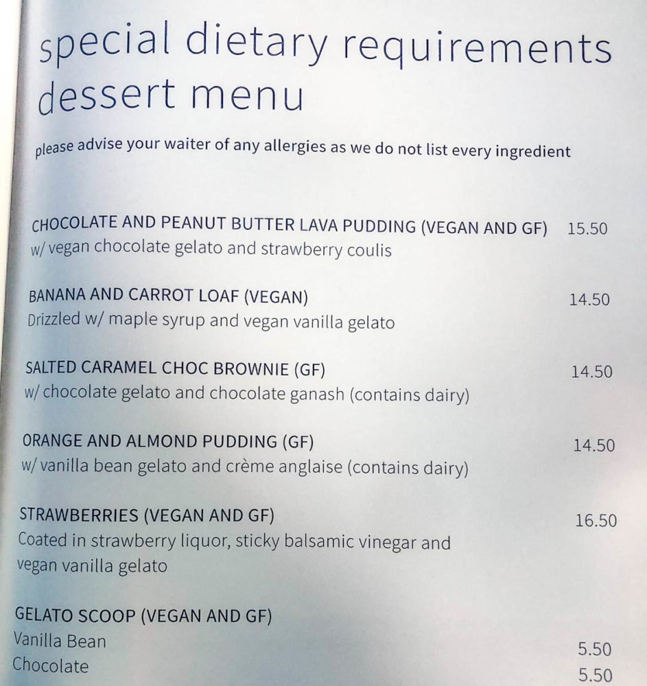 Dundees Dietary Special Requirements Dessert Menu