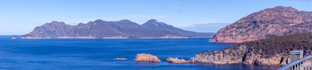 A panoramic view of the Freycinet Peninsula from Cape Tourville
