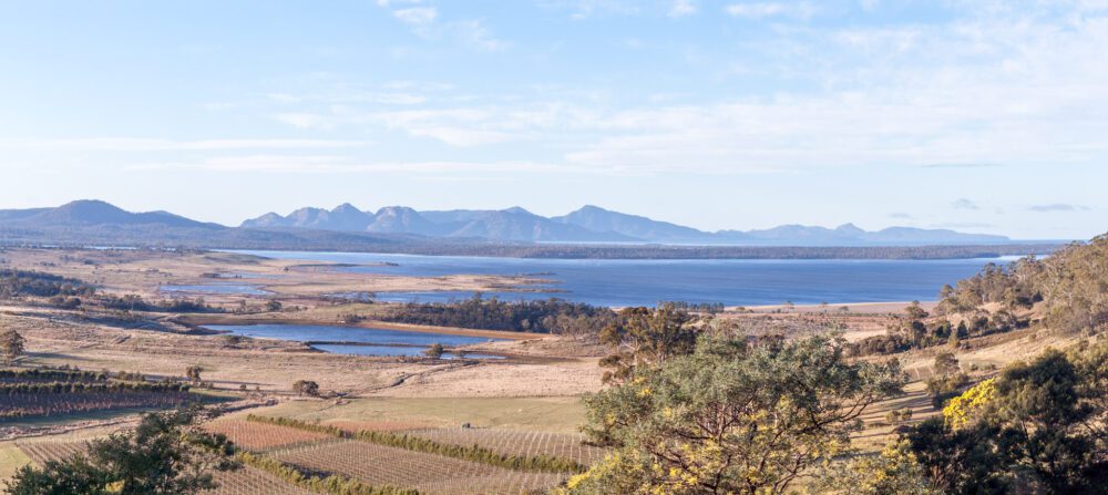 The view across Kings Bay to Freycinet National Park from the highway